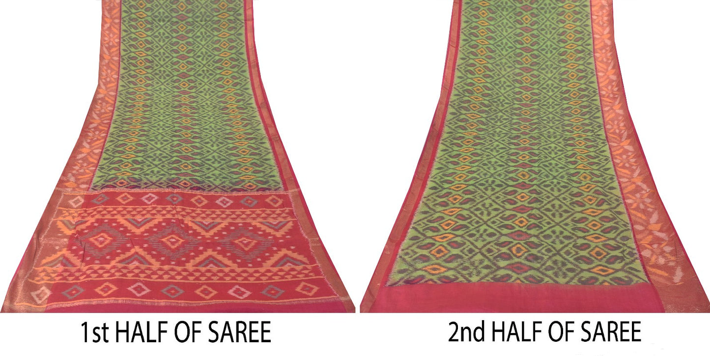 Sanskriti Vintage Green Cotton Silk Saree Ikat Hand Woven Sambhalpuri 5.5Yd Sari