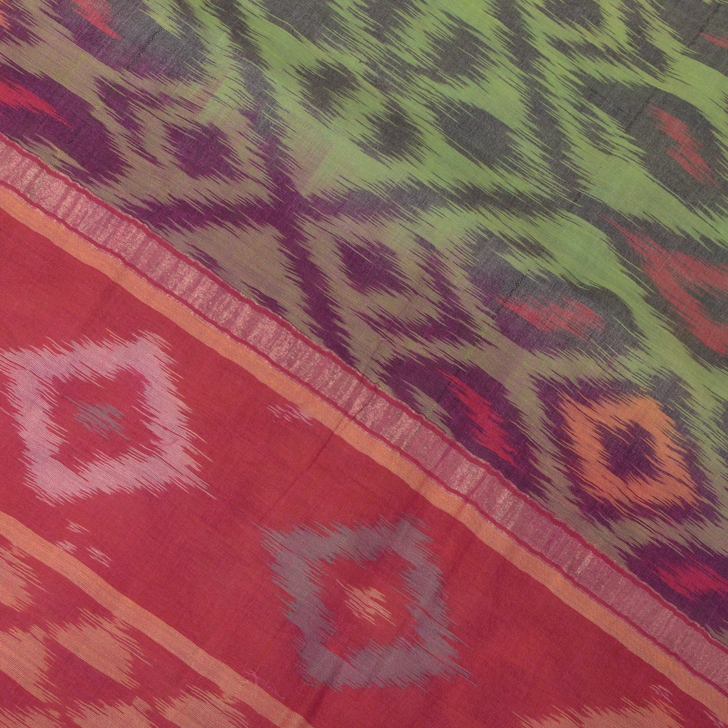 Sanskriti Vintage Green Cotton Silk Saree Ikat Hand Woven Sambhalpuri 5.5Yd Sari