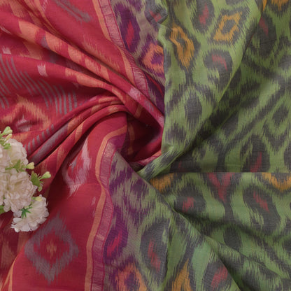 Sanskriti Vintage Green Cotton Silk Saree Ikat Hand Woven Sambhalpuri 5.5Yd Sari