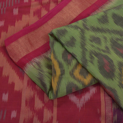 Sanskriti Vintage Green Cotton Silk Saree Ikat Hand Woven Sambhalpuri 5.5Yd Sari