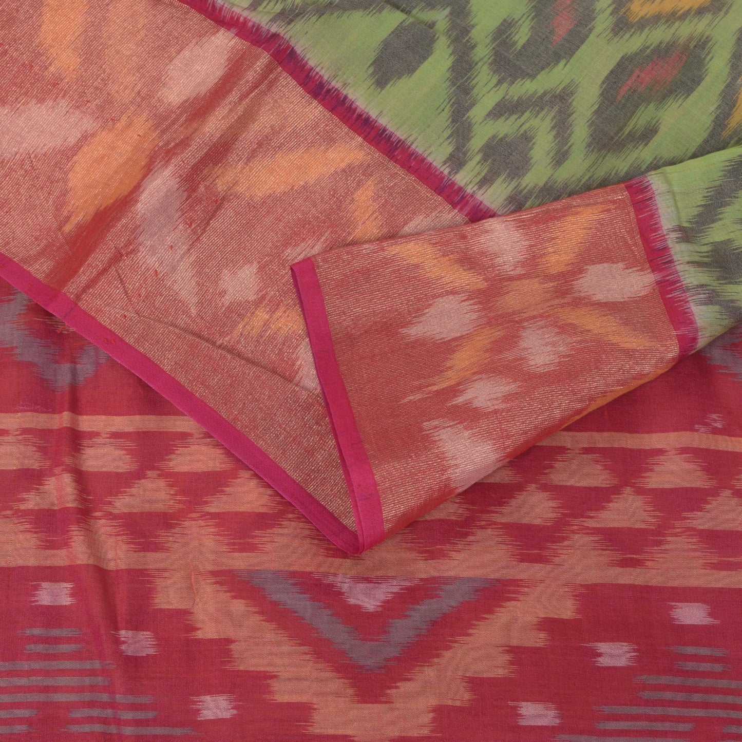 Sanskriti Vintage Green Cotton Silk Saree Ikat Hand Woven Sambhalpuri 5.5Yd Sari