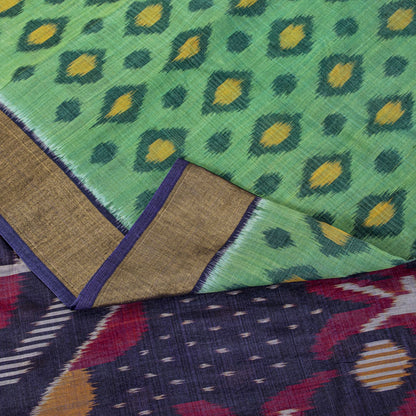 Sanskriti Vintage Green-Blue Soft Cotton Silk Saree Ikat Hand Woven 5.5Yd Sari
