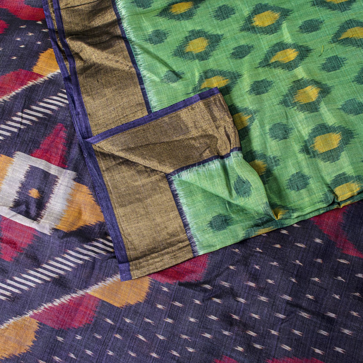 Sanskriti Vintage Green-Blue Soft Cotton Silk Saree Ikat Hand Woven 5.5Yd Sari