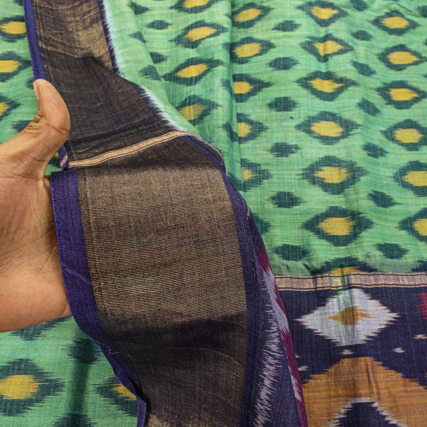 Sanskriti Vintage Green-Blue Soft Cotton Silk Saree Ikat Hand Woven 5.5Yd Sari