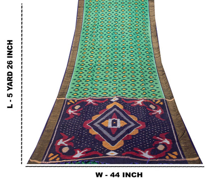 Sanskriti Vintage Green-Blue Soft Cotton Silk Saree Ikat Hand Woven 5.5Yd Sari