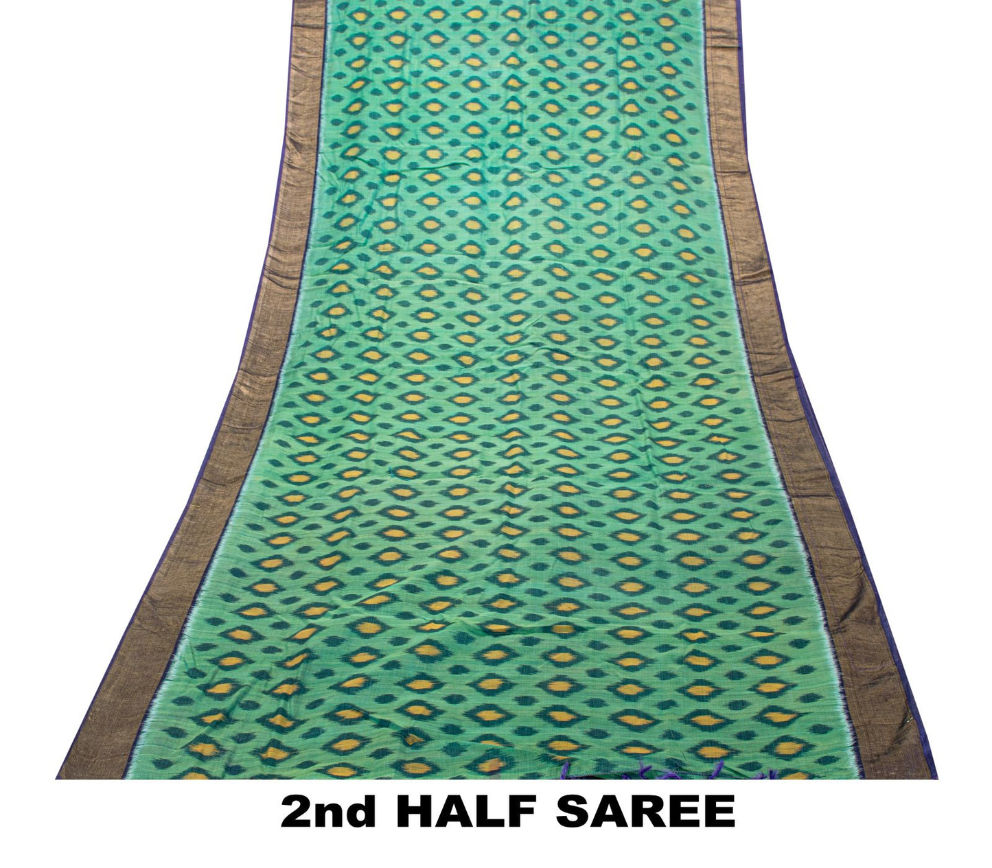 Sanskriti Vintage Green-Blue Soft Cotton Silk Saree Ikat Hand Woven 5.5Yd Sari
