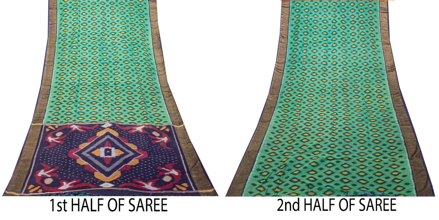 Sanskriti Vintage Green-Blue Soft Cotton Silk Saree Ikat Hand Woven 5.5Yd Sari