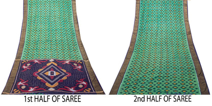 Sanskriti Vintage Green-Blue Soft Cotton Silk Saree Ikat Hand Woven 5.5Yd Sari