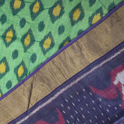 Sanskriti Vintage Green-Blue Soft Cotton Silk Saree Ikat Hand Woven 5.5Yd Sari