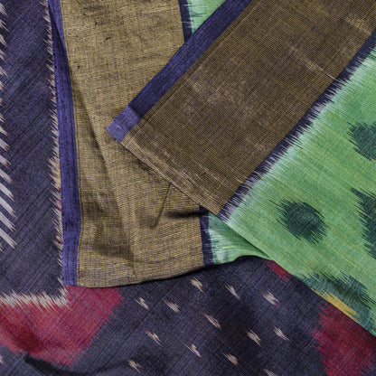 Sanskriti Vintage Green-Blue Soft Cotton Silk Saree Ikat Hand Woven 5.5Yd Sari