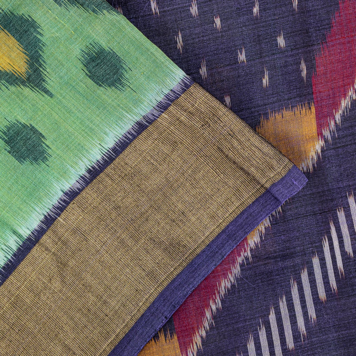 Sanskriti Vintage Green-Blue Soft Cotton Silk Saree Ikat Hand Woven 5.5Yd Sari