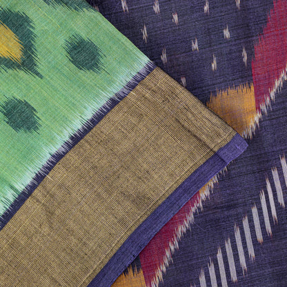 Sanskriti Vintage Green-Blue Soft Cotton Silk Saree Ikat Hand Woven 5.5Yd Sari