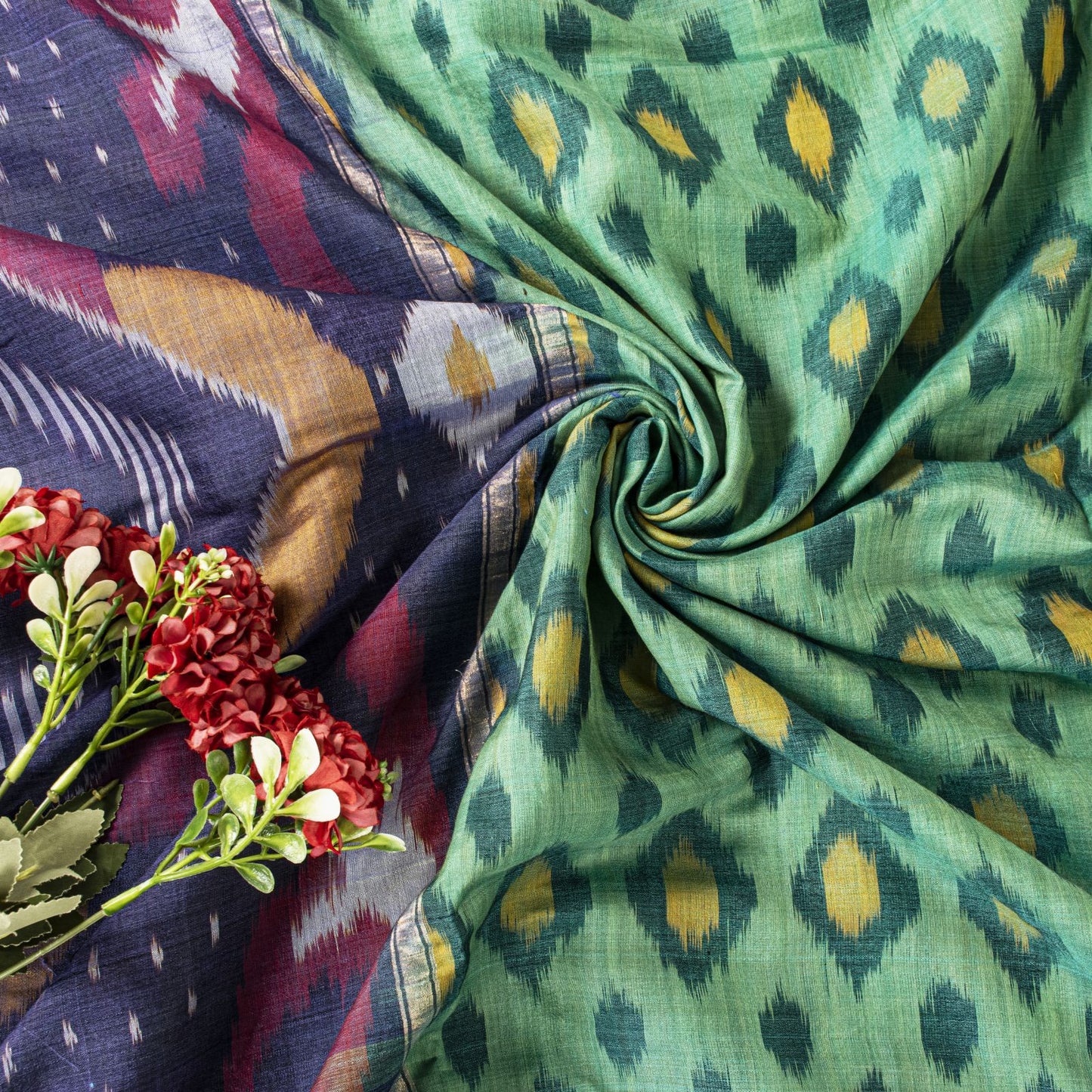 Sanskriti Vintage Green-Blue Soft Cotton Silk Saree Ikat Hand Woven 5.5Yd Sari