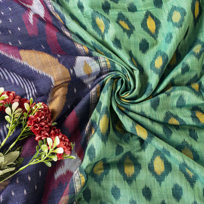 Sanskriti Vintage Green-Blue Soft Cotton Silk Saree Ikat Hand Woven 5.5Yd Sari