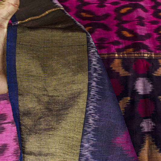 Sanskriti Vintage Pink Soft Cotton Silk Saree Ikat Hand Woven Sambhalpuri 5.5Yd