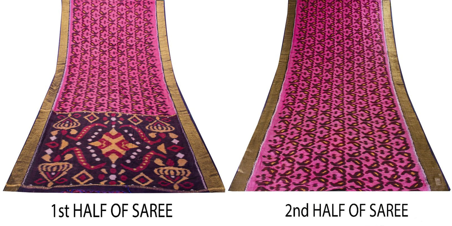 Sanskriti Vintage Pink Soft Cotton Silk Saree Ikat Hand Woven Sambhalpuri 5.5Yd