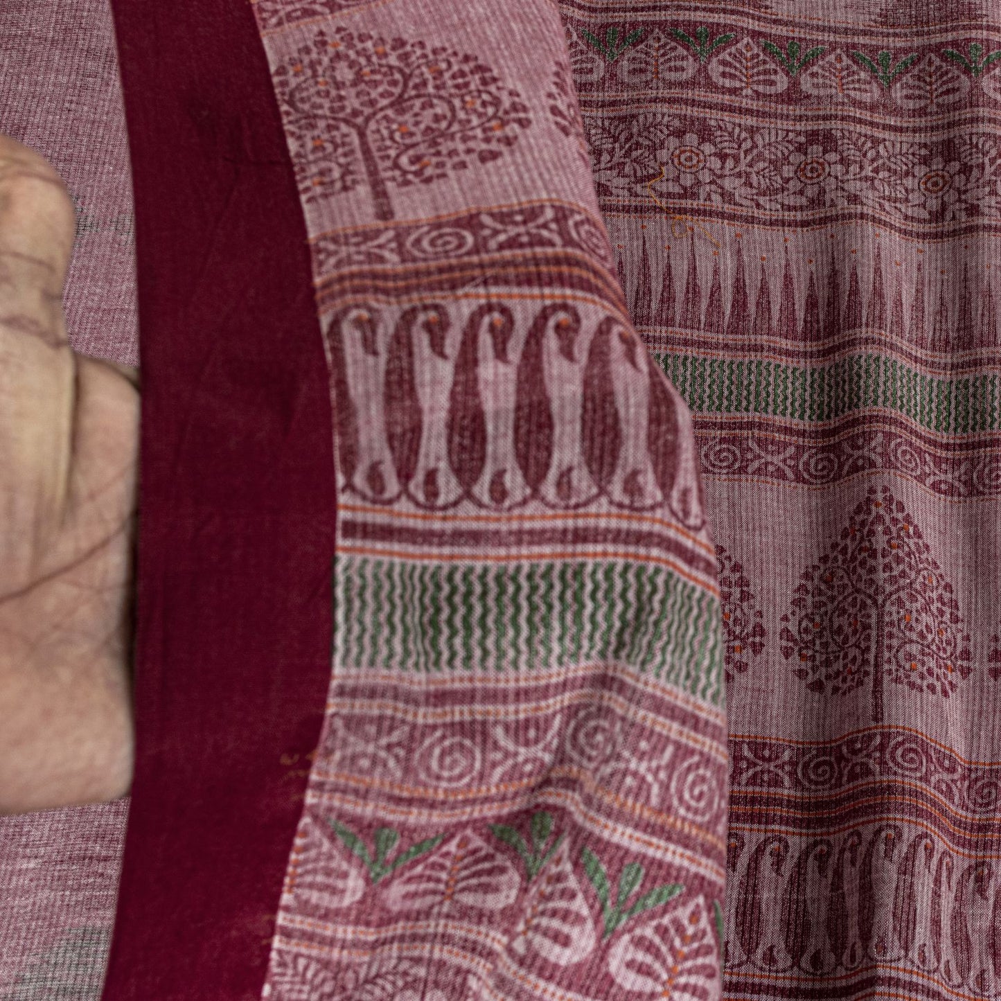 Sanskriti Vintage Pink Soft Pure Cotton Saree Block & Ikat Printed 5.5Yd Sari