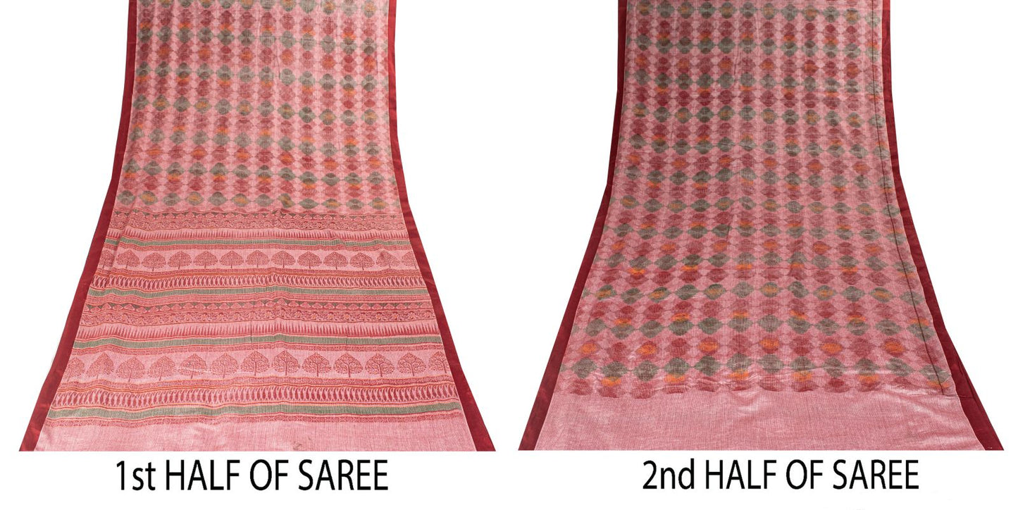 Sanskriti Vintage Pink Soft Pure Cotton Saree Block & Ikat Printed 5.5Yd Sari
