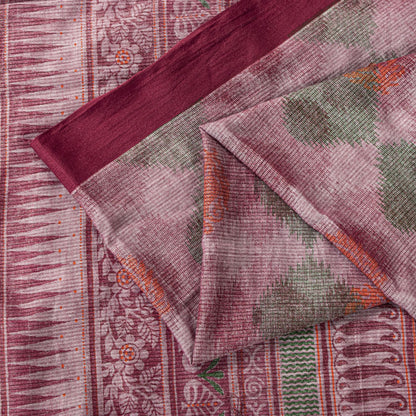 Sanskriti Vintage Pink Soft Pure Cotton Saree Block & Ikat Printed 5.5Yd Sari