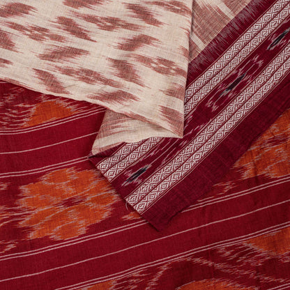Sanskriti Vintage White-Red Pure Cotton Saree Ikat Hand Woven Sambhalpuri 5.5Yd