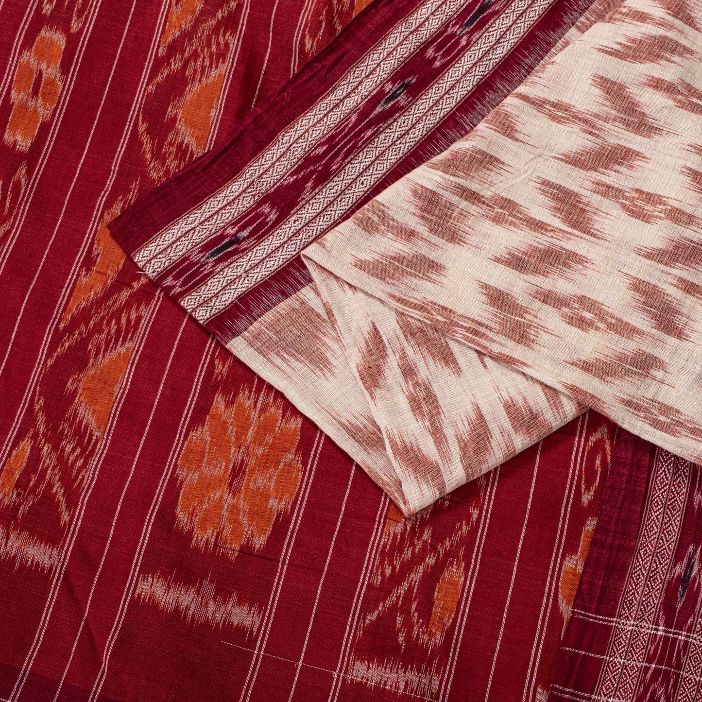 Sanskriti Vintage White-Red Pure Cotton Saree Ikat Hand Woven Sambhalpuri 5.5Yd