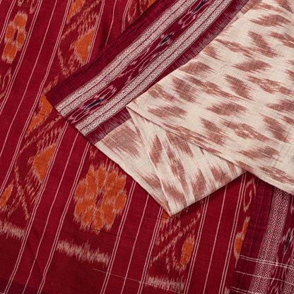 Sanskriti Vintage White-Red Pure Cotton Saree Ikat Hand Woven Sambhalpuri 5.5Yd
