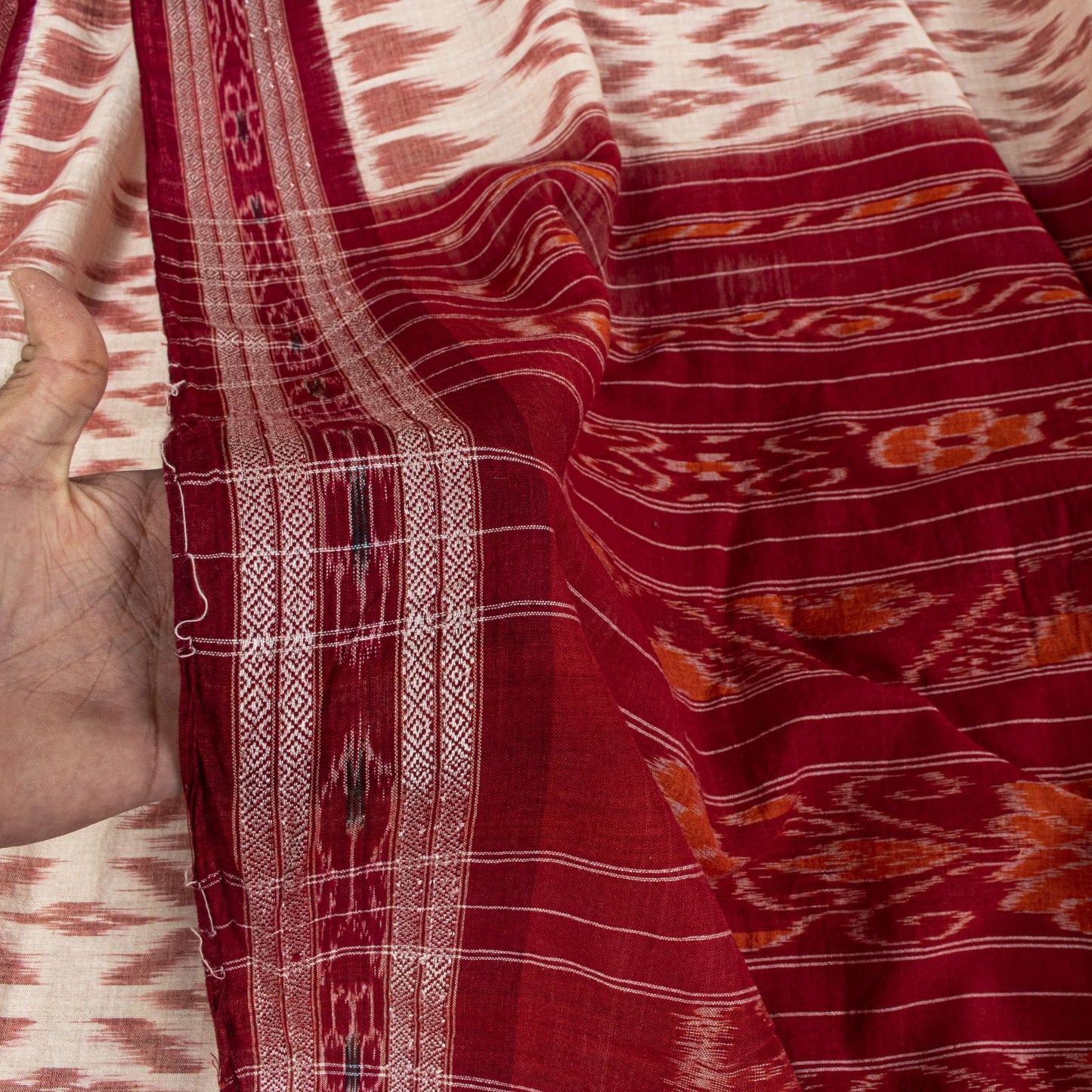 Sanskriti Vintage White-Red Pure Cotton Saree Ikat Hand Woven Sambhalpuri 5.5Yd
