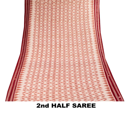Sanskriti Vintage White-Red Pure Cotton Saree Ikat Hand Woven Sambhalpuri 5.5Yd