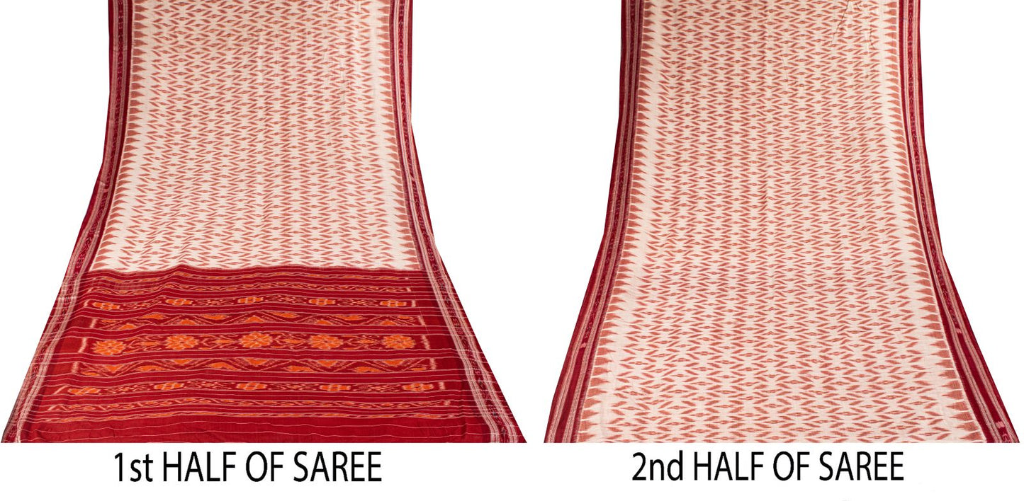 Sanskriti Vintage White-Red Pure Cotton Saree Ikat Hand Woven Sambhalpuri 5.5Yd