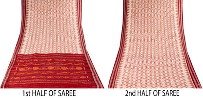 Sanskriti Vintage White-Red Pure Cotton Saree Ikat Hand Woven Sambhalpuri 5.5Yd