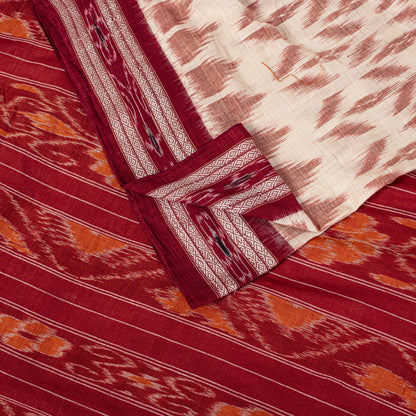 Sanskriti Vintage White-Red Pure Cotton Saree Ikat Hand Woven Sambhalpuri 5.5Yd