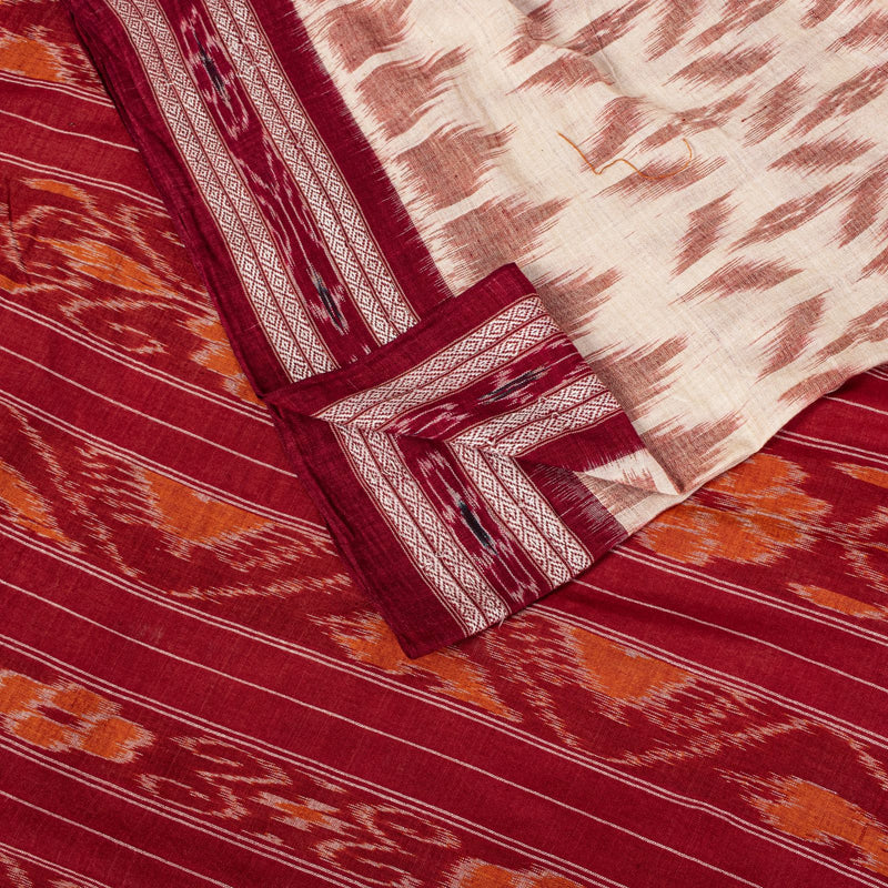 Sanskriti Vintage White-Red Pure Cotton Saree Ikat Hand Woven Sambhalpuri 5.5Yd