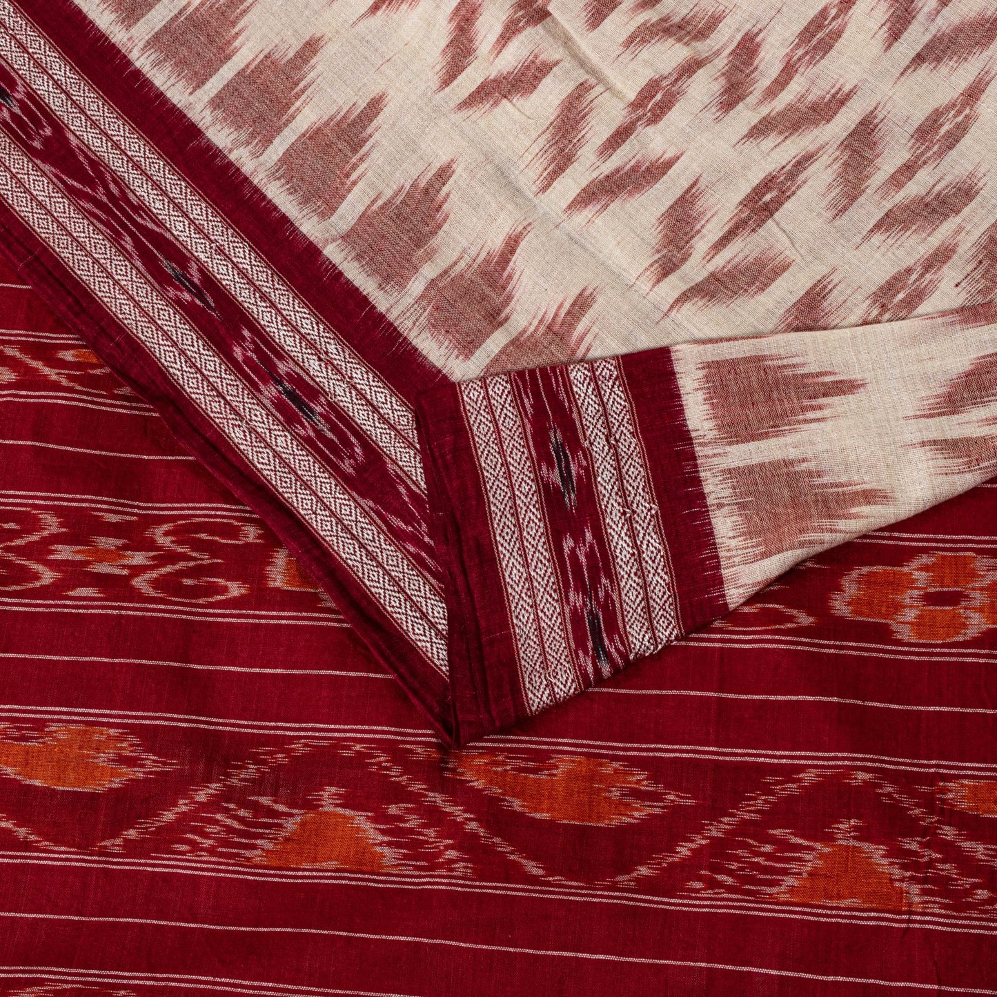 Sanskriti Vintage White-Red Pure Cotton Saree Ikat Hand Woven Sambhalpuri 5.5Yd