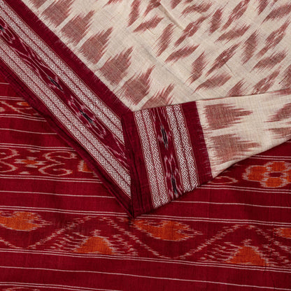 Sanskriti Vintage White-Red Pure Cotton Saree Ikat Hand Woven Sambhalpuri 5.5Yd