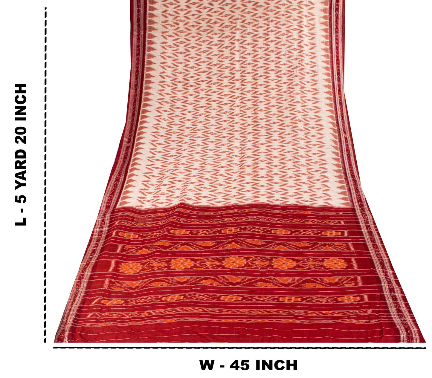 Sanskriti Vintage White-Red Pure Cotton Saree Ikat Hand Woven Sambhalpuri 5.5Yd