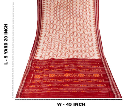 Sanskriti Vintage White-Red Pure Cotton Saree Ikat Hand Woven Sambhalpuri 5.5Yd