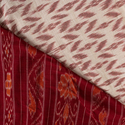 Sanskriti Vintage White-Red Pure Cotton Saree Ikat Hand Woven Sambhalpuri 5.5Yd