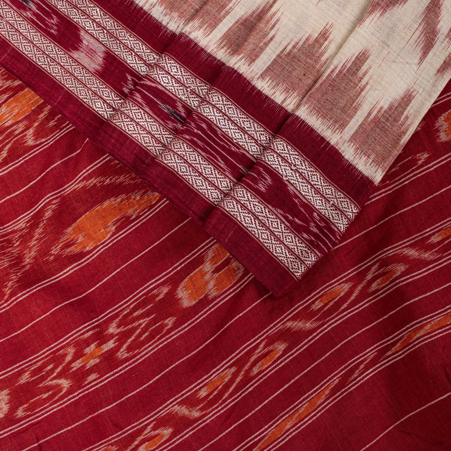 Sanskriti Vintage White-Red Pure Cotton Saree Ikat Hand Woven Sambhalpuri 5.5Yd