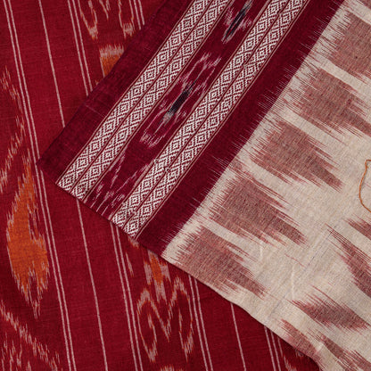 Sanskriti Vintage White-Red Pure Cotton Saree Ikat Hand Woven Sambhalpuri 5.5Yd