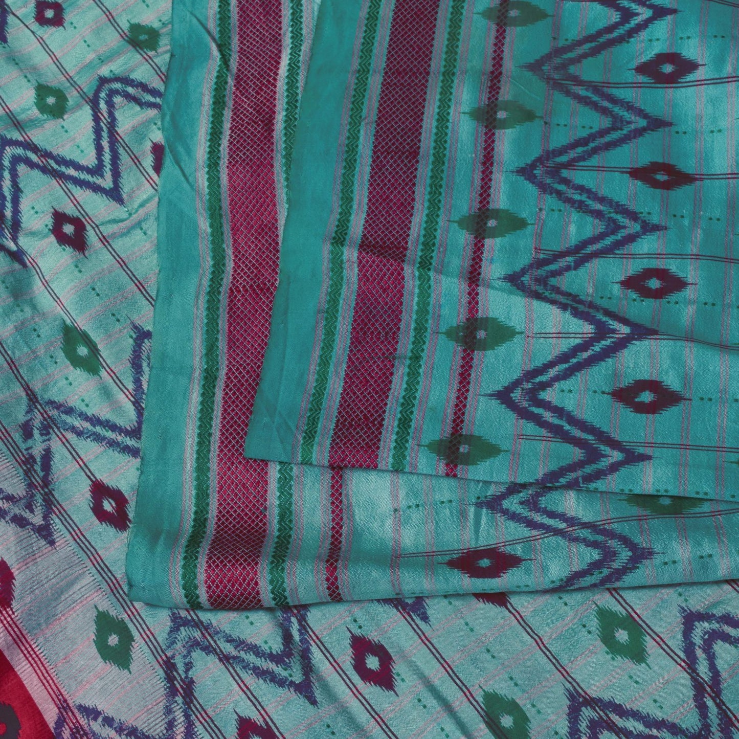 Sanskriti Vintage Blue Pure Silk Saree Ikat Print & Woven 5+Yd Sari Craft Fabric