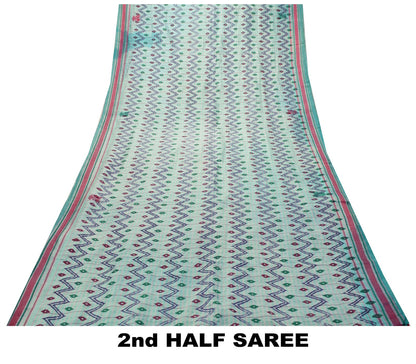 Sanskriti Vintage Blue Pure Silk Saree Ikat Print & Woven 5+Yd Sari Craft Fabric