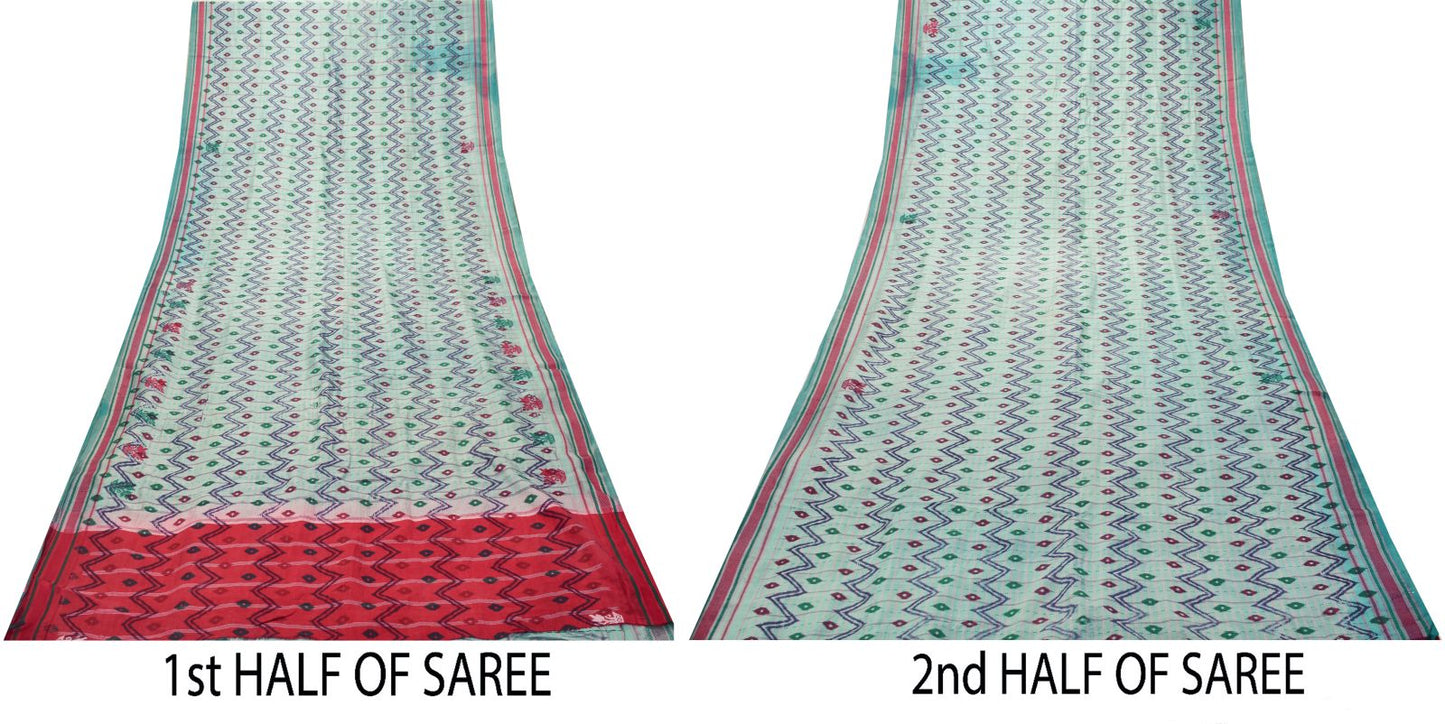 Sanskriti Vintage Blue Pure Silk Saree Ikat Print & Woven 5+Yd Sari Craft Fabric