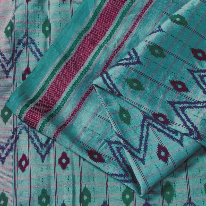 Sanskriti Vintage Blue Pure Silk Saree Ikat Print & Woven 5+Yd Sari Craft Fabric
