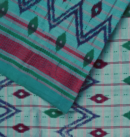 Sanskriti Vintage Blue Pure Silk Saree Ikat Print & Woven 5+Yd Sari Craft Fabric