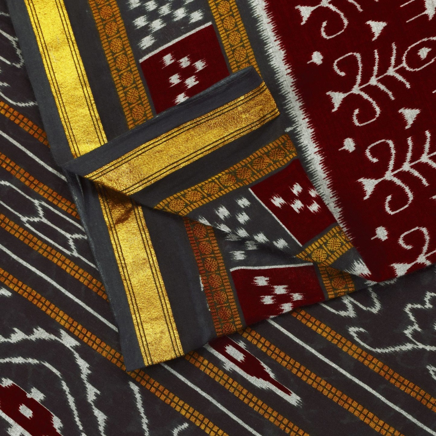 Sanskriti Vintage Dark Red Pure Cotton Saree Ikat Handwoven Sambhalpuri 5.5 Yard