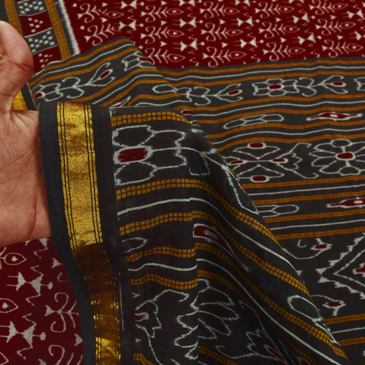 Sanskriti Vintage Dark Red Pure Cotton Saree Ikat Handwoven Sambhalpuri 5.5 Yard
