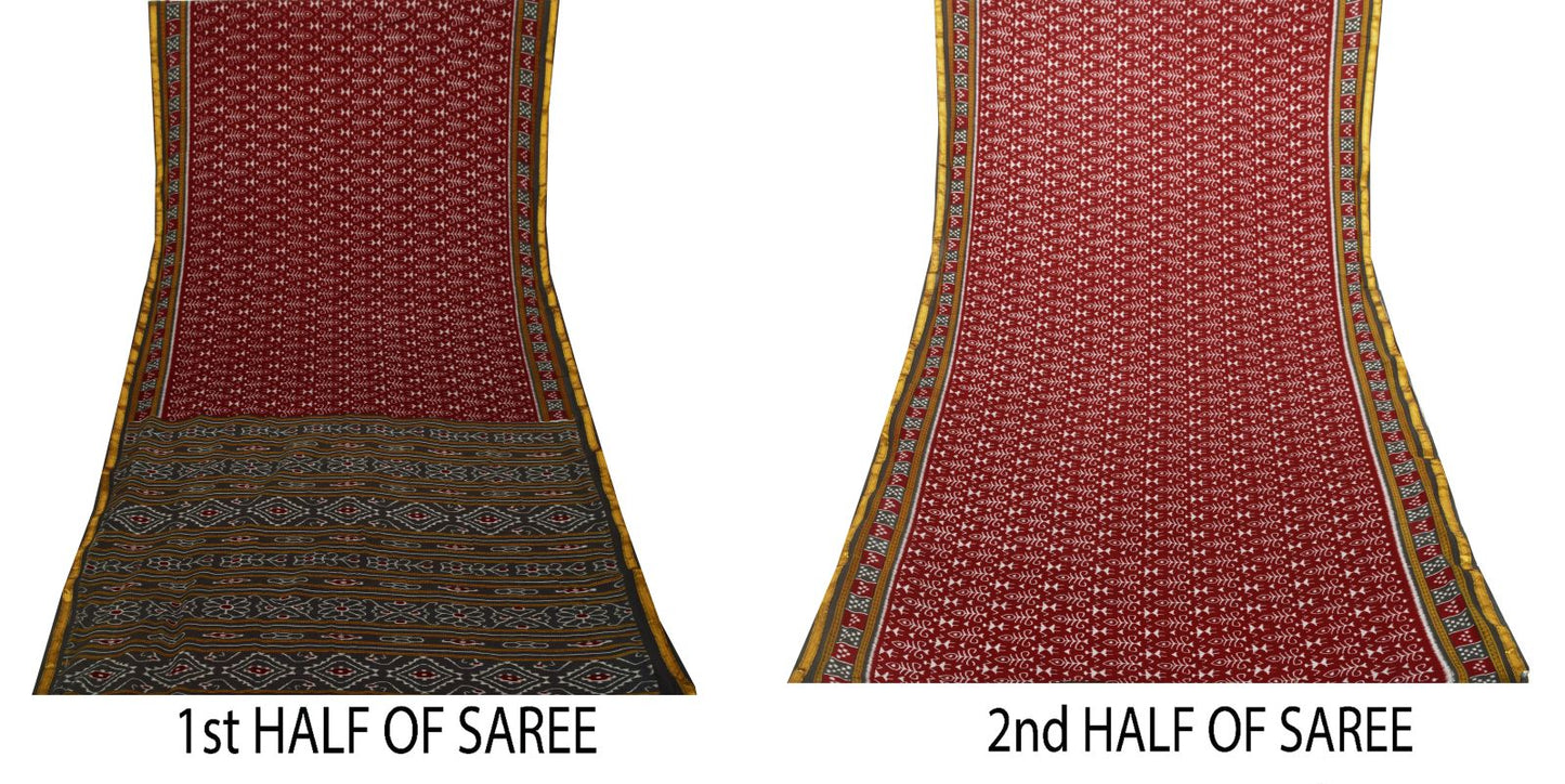 Sanskriti Vintage Dark Red Pure Cotton Saree Ikat Handwoven Sambhalpuri 5.5 Yard