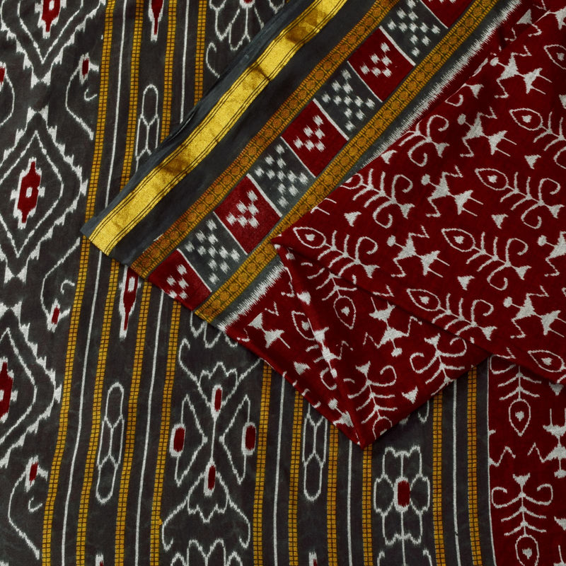 Sanskriti Vintage Dark Red Pure Cotton Saree Ikat Handwoven Sambhalpuri 5.5 Yard