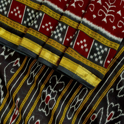 Sanskriti Vintage Dark Red Pure Cotton Saree Ikat Handwoven Sambhalpuri 5.5 Yard