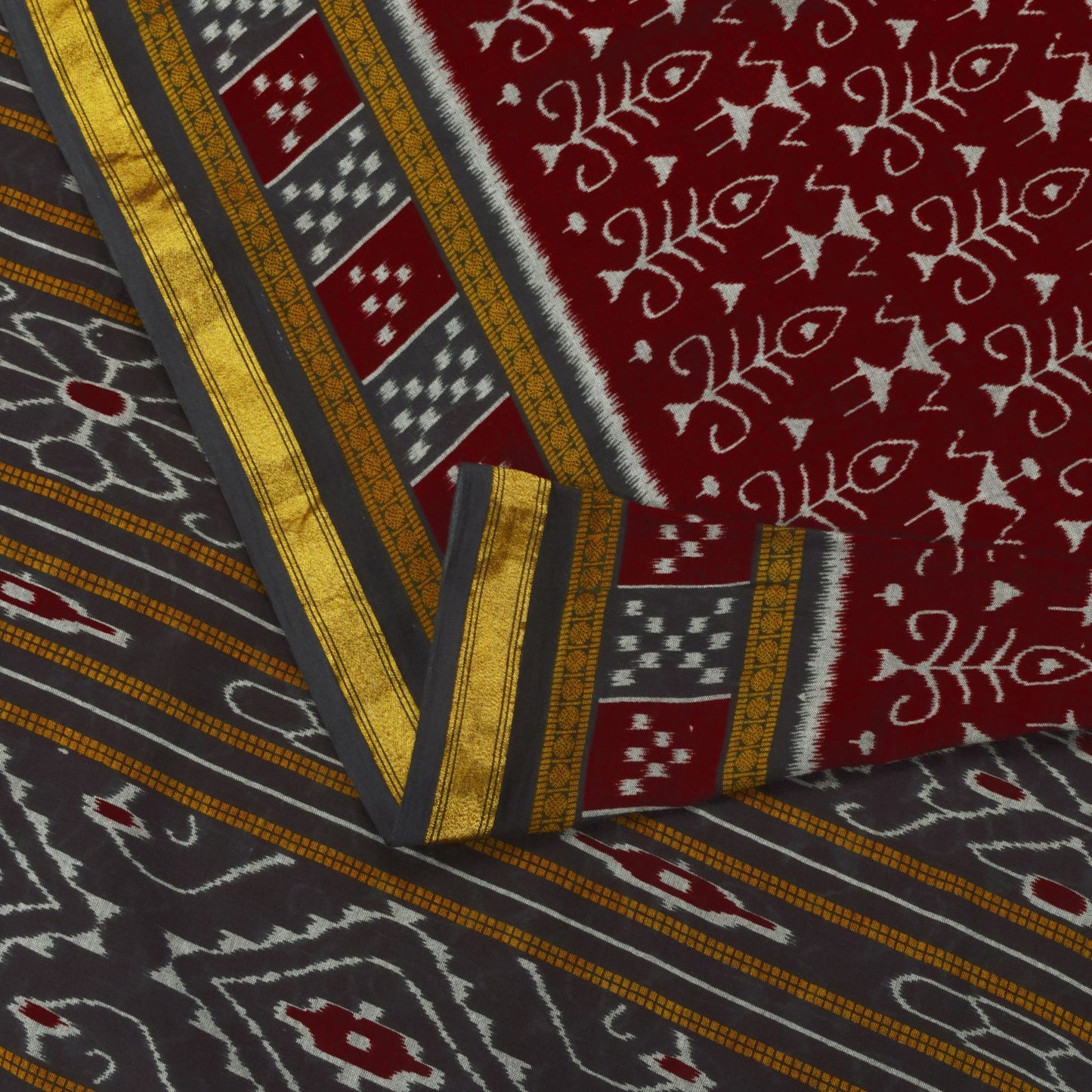 Sanskriti Vintage Dark Red Pure Cotton Saree Ikat Handwoven Sambhalpuri 5.5 Yard